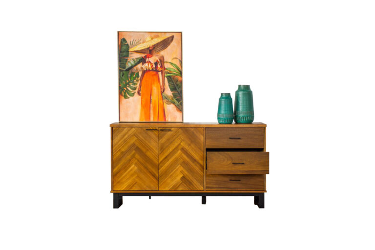 Harrington Buffet with walnut herringbone design and black steel legs, set in a modern dining room.